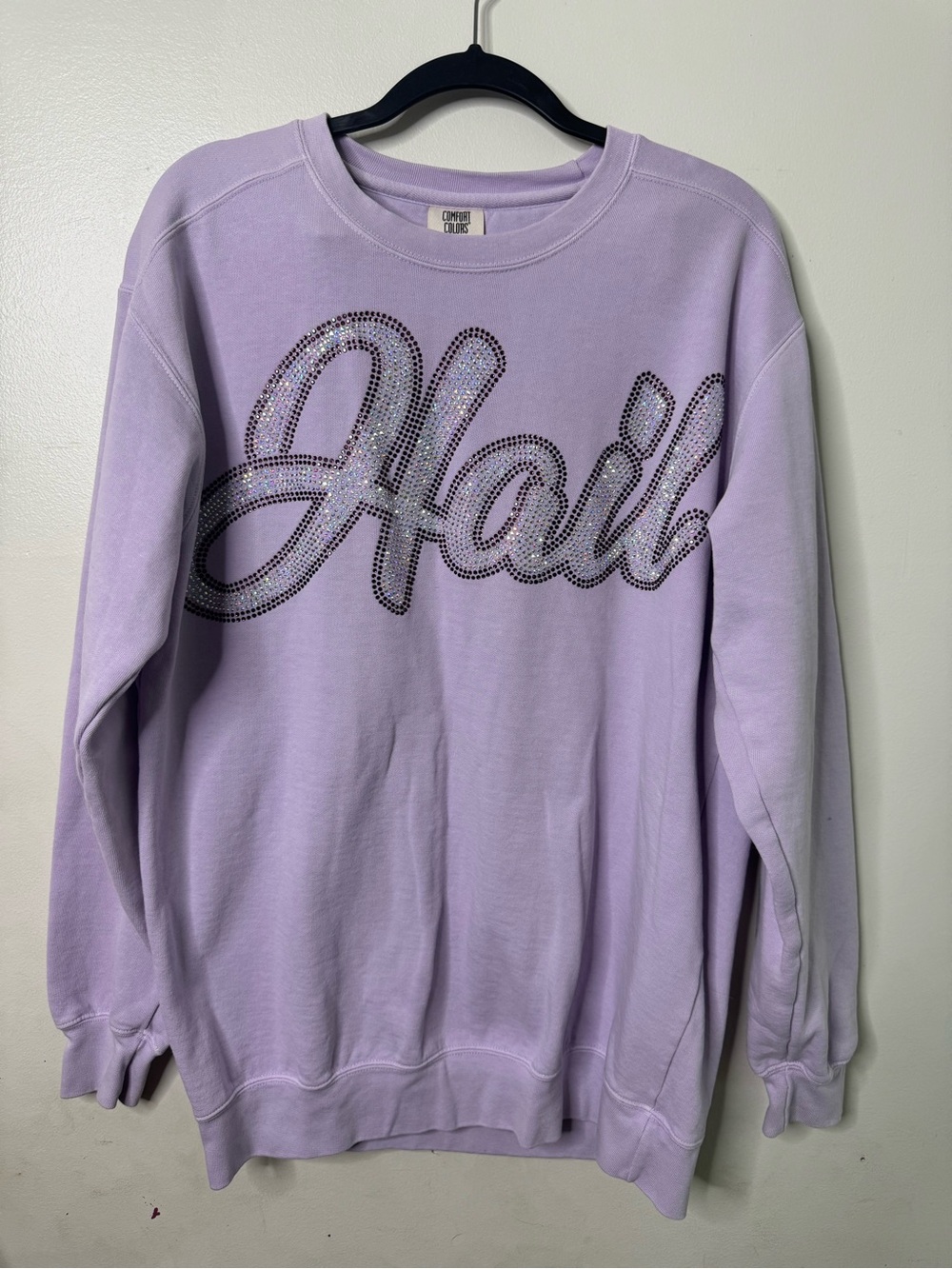 Comfort Colors Lavender Sequin 'Hail' Crewneck Sweatshirt